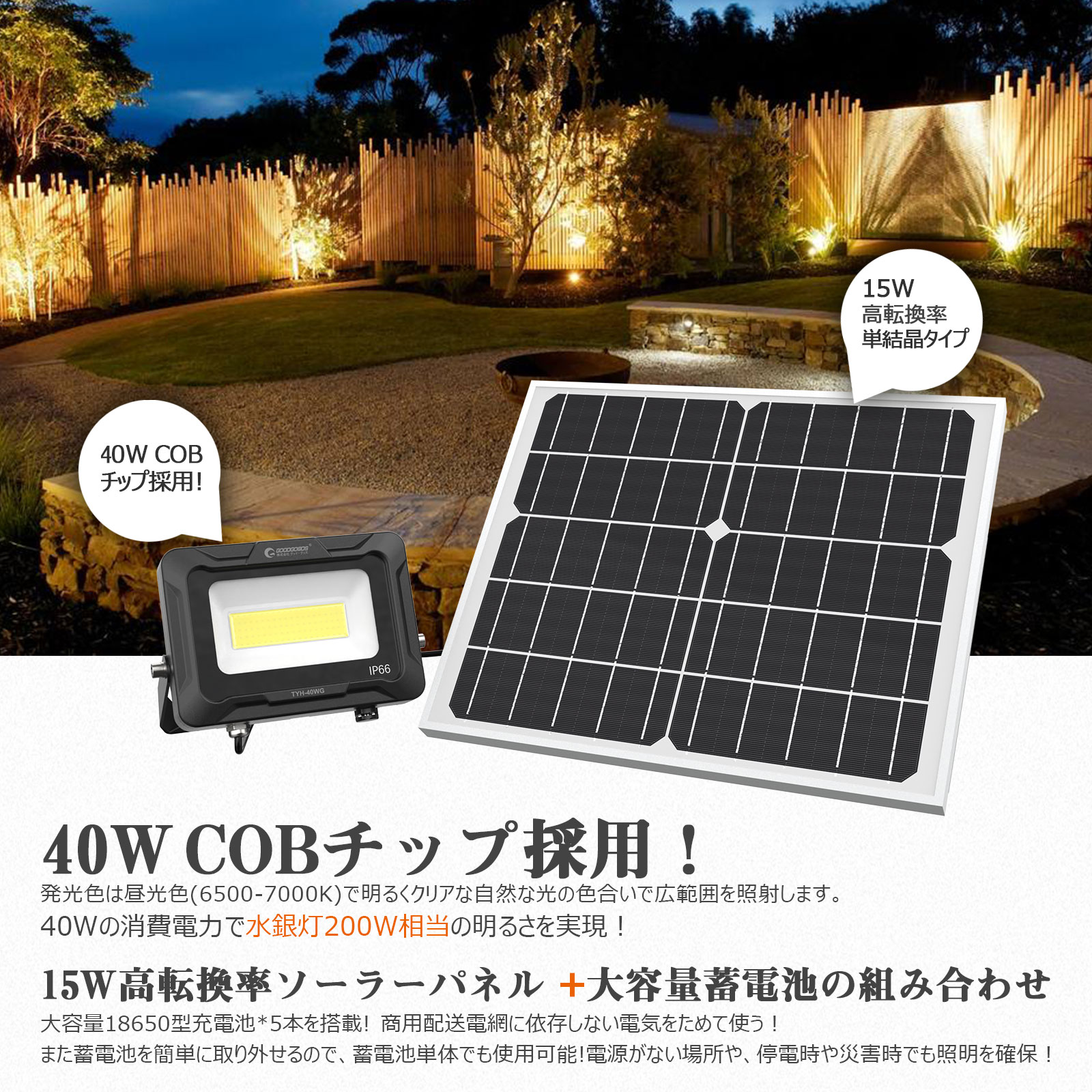 GOODGOODS LED ソーラーライト 40W 屋外 防水 エコ照明 